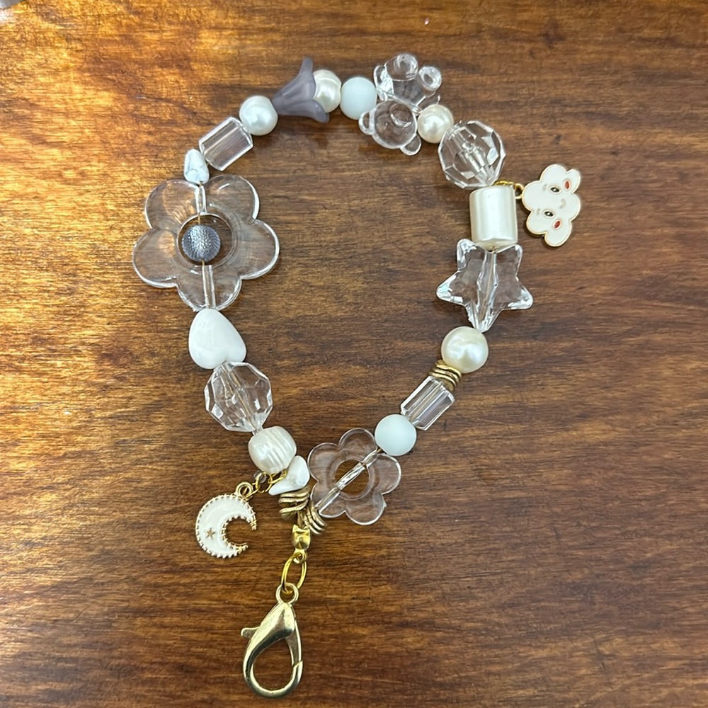 Handmade beaded keychain white and clear
